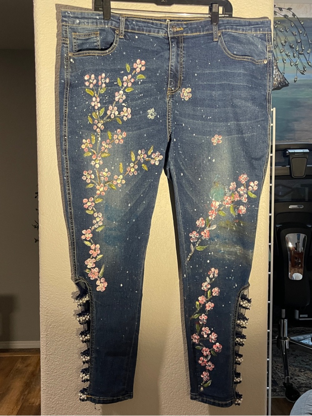 OOAK Hand Painted Floral Skinny Jeans Custom Made with Side Embellishment NEW